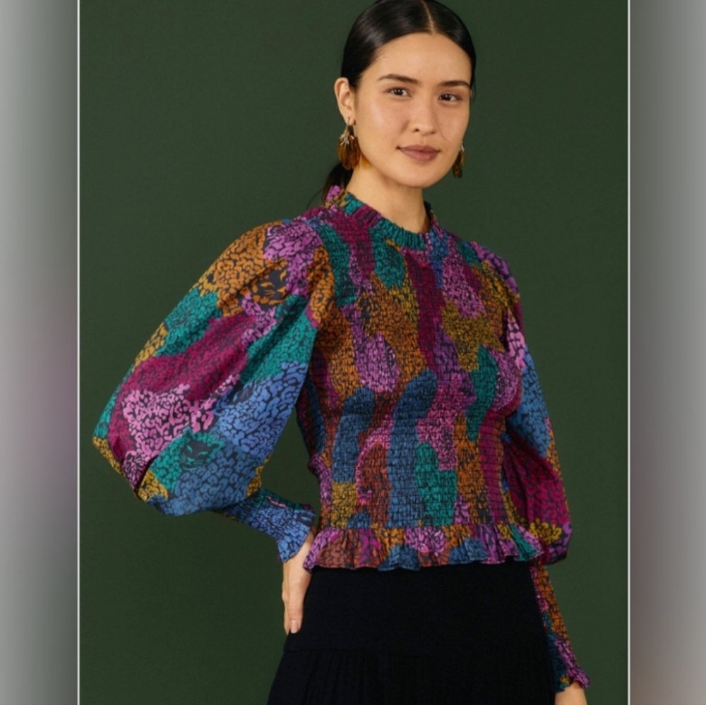 FARM RIO Rainbow Mixed Balloon Long Ruffle Trim Sleeve Blouse Like New - Picture 4 of 8